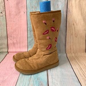 Ugg Australia Tan Suede Boots with Pink Floral Embroidery